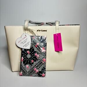 Betsey Johnson Tote with Floral Wristlet in White Multi